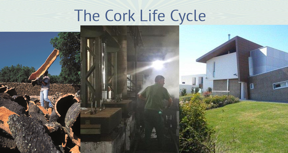 An image showing three stages of using cork to insulate a building