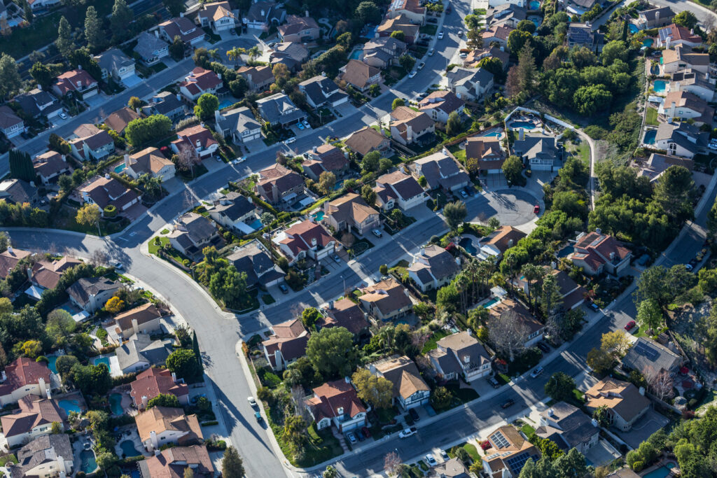 An aerial view of suburban California