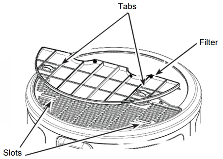 A graphic showing the top of a Bradford White AeroTherm Heat Pump Water Heater depicting the tabs on the filter cover and the filter below the cover. The graphic illustrates the slots that need to be aligned with the tabs to replace the cover.